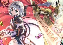 Rule 34 | 2girls, arm guards, armor, braid, breasts, bug, butterfly, cape, cleavage, covered eyes, elden ring, fingerless gloves, frown, gauntlets, gloves, green eyes, grey hair, hairband, helmet, helmet over eyes, highres, holding, holding sword, holding weapon, hololive, insect, large breasts, long hair, long skirt, mace, malenia blade of miquella, multiple girls, red hair, serious, shirogane noel, shirogane noel (1st costume), skirt, sword, too many, too many butterflies, v-shaped eyebrows, virtual youtuber, weapon, winged helmet, yuu201023