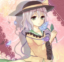 Rule 34 | 1girl, arms up, bad id, bad pixiv id, blouse, blue flower, blue rose, collarbone, eyeball, eyelashes, female focus, flower, fuyuno, green eyes, hat, hat ribbon, komeiji koishi, lace, leaf, light purple hair, long sleeves, looking at viewer, parted lips, petals, pink background, ribbon, rose, shadow, shirt, short hair, skirt, solo, tears, third eye, thorns, touhou, upper body, wide sleeves