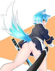 Rule 34 | 1girl, absurdres, animal ear fluff, animal ears, asagi (bombergirl), ass, belt, blue hair, blunt bangs, bombergirl, brown eyes, cleft of venus, from below, gloves, highres, holding, holding sword, holding weapon, kawashow, long sleeves, looking at viewer, looking back, miniskirt, multicolored hair, no panties, pleated skirt, pussy, skindentation, skirt, sleeve cuffs, solo, sword, tail, thigh strap, two-tone hair, uniform, upskirt, weapon, white belt, white gloves, white hair, wolf ears, wolf girl, wolf tail