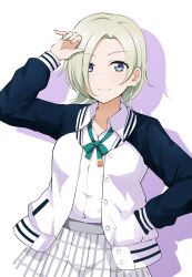 Rule 34 | 1girl, barkhorn0331, blonde hair, closed mouth, collarbone, commentary request, ear piercing, green ribbon, hair over one eye, hand in pocket, hand on own hip, hand up, highres, jacket, letterman jacket, long sleeves, looking at viewer, love live!, love live! nijigasaki high school idol club, mia taylor, mile, neck ribbon, nijigasaki school uniform, open clothes, open jacket, piercing, plaid, plaid skirt, purple eyes, ribbon, school uniform, shirt, short hair, skirt, solo, standing, upper body, white jacket, white shirt, white skirt