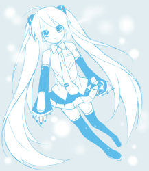 Rule 34 | 1girl, bad id, bad pixiv id, blue theme, detached sleeves, etou (cherry7), hatsune miku, long hair, looking at viewer, monochrome, necktie, skirt, smile, solo, thighhighs, twintails, very long hair, vocaloid