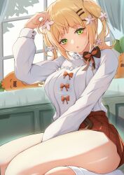 Rule 34 | 1girl, :o, absurdres, between legs, blonde hair, blush, character doll, flower, frilled shirt, frilled shirt collar, frills, green eyes, hair flower, hair ornament, twirling hair, hairclip, hand between legs, highres, hololive, iikiroro, indoors, long sleeves, looking at viewer, medium hair, miniskirt, momosuzu nene, momosuzu nene (casual), nekko (momosuzu nene), no shoes, official alternate hair length, official alternate hairstyle, parted lips, plaid, plaid skirt, pleated skirt, red skirt, seiza, shirt, sitting, skirt, socks, solo, thick thighs, thighs, twintails, virtual youtuber, white shirt, white socks