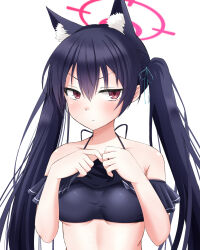 Rule 34 | 1girl, absurdres, animal ear fluff, animal ears, bare shoulders, bikini, bikini top lift, black bikini, black hair, blue archive, blush, breasts, cat ears, clothes lift, extra ears, frilled bikini, frills, halo, highres, long hair, looking at viewer, medium breasts, off-shoulder bikini, off shoulder, official alternate costume, red eyes, red halo, runoe pict, serika (blue archive), solo, sweatdrop, swimsuit, twintails, underboob, upper body, white background