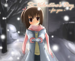 Rule 34 | 1girl, closed mouth, dot nose, gift, holding, holding gift, looking at viewer, night, odaya, odayan, original, outdoors, scarf, snow, snowing, solo, standing, valentine