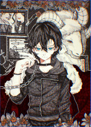 Rule 34 | 1boy, animal, black collar, black hair, black jacket, blue eyes, bracelet, bungou stray dogs, chain, chain leash, chromatic aberration, closed mouth, collar, crack, drawing (object), fingernails, flower, goat, hair between eyes, hatching (texture), highres, hood, hood down, hooded jacket, ink (medium), jacket, jewelry, knife, kuma no (y6lnv), leash, orange flower, outline, picture frame, planted, planted knife, planted weapon, red eyes, scissors, signature, sleeves rolled up, traditional media, viewer holding leash, weapon, white outline, zipper, zipper pull tab