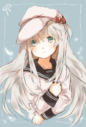 Rule 34 | 1girl, aqua background, blue eyes, closed mouth, commentary, flat cap, hammer and sickle, hat, hibiki (kancolle), ina (1813576), kantai collection, long hair, peaked cap, sailor collar, school uniform, serafuku, signature, silver hair, simple background, solo, star (symbol), verniy (kancolle), white hat