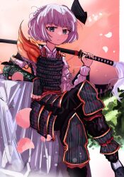 Rule 34 | 1girl, absurdres, alternate costume, armor, black hairband, closed mouth, commentary, english commentary, fingerless gloves, gloves, green eyes, grey hair, hairband, highres, holding, holding sword, holding weapon, japanese armor, katana, konpaku youmu, long sleeves, looking at viewer, ougiikun, outdoors, samurai, short hair, sitting, solo, sword, torii, touhou, weapon