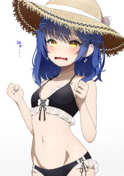 Rule 34 | 1girl, absurdres, amamiya kokoro, amamiya kokoro (7th costume), bikini, black bikini, blue hair, clenched hand, commentary request, earrings, flat chest, flower earrings, frilled bikini, frills, hat, highres, jewelry, looking at viewer, lunch boxer, medium hair, navel, necklace, nijisanji, official alternate costume, open mouth, partial commentary, side-tie bikini bottom, simple background, solo, stomach, straw hat, swimsuit, tears, virtual youtuber, wavy mouth, white background, yellow eyes