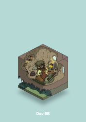 Rule 34 | absurdres, blue background, cave, commentary request, diorama, fireplace, gozz, highres, isometric, jewelry, lamp, leather, mortar (bowl), original, pestle, polearm, pot, spear, stairs, stitching, table, weapon