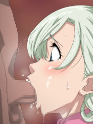 Rule 34 | 10s, 1girl, :&gt;=, blue eyes, blush, breath, censored, elizabeth liones, fellatio, from side, green hair, head only, heavy breathing, highres, long hair, looking at another, mosaic censoring, nanatsu no taizai, nose, oral, out of frame, penis, saliva, simple background, solo focus, standing, tears, tei hanpatsu purin