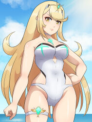 Rule 34 | 1girl, blonde hair, breasts, cameltoe, cleavage, hand on own hip, highres, large breasts, lips, long hair, mythra (radiant beach) (xenoblade), mythra (xenoblade), one-piece swimsuit, solo, swimsuit, tiara, xenoblade chronicles (series), xenoblade chronicles 2, yaizaberry