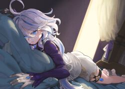 Rule 34 | 1girl, ahoge, asymmetrical gloves, bed, black gloves, blue brooch, blue eyes, blue gemstone, blue hair, blurry, brooch, commentary request, cowlick, crying, crying with eyes open, depth of field, drop-shaped pupils, frilled socks, frills, furina (genshin impact), gem, genshin impact, gloves, hair between eyes, heterochromia, highres, indoors, jewelry, jun (navigavi), light blue hair, long hair, long sleeves, lying, mismatched gloves, mismatched pupils, multicolored hair, on bed, on stomach, pillow, ponytail, shorts, socks, symbol-shaped pupils, tears, vest, white gloves, white hair, white shorts