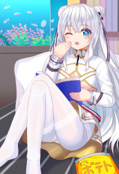 Rule 34 | + +, 1girl, ;o, air bubble, ass, azur lane, bed, blue eyes, blush, book, breasts, bubble, chips (food), clothing cutout, commentary request, crossed legs, double bun, dress, fish, fish tank, food, glass, hair between eyes, hair bun, hair ribbon, hand to own mouth, hand up, holding, holding book, knees up, le malin (azur lane), long hair, long sleeves, looking at viewer, no shoes, on bed, one eye closed, pantyhose, plant, potato chips, revision, ribbon, sidelocks, silver hair, sitting, small breasts, solo, symbol-shaped pupils, thighband pantyhose, tukino neru, underboob, underboob cutout, very long hair, water, white dress, white pantyhose, yawning
