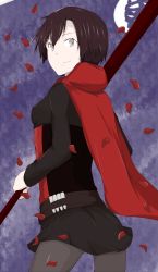 Rule 34 | 1girl, cape, highres, holding, holding weapon, looking at viewer, pantyhose, petals, ruby rose, rwby, scythe, smile, solo, weapon