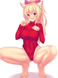 Rule 34 | 1girl, :d, animal ear fluff, animal ears, bare legs, barefoot, blush, bow, breasts, cat ears, cat girl, commentary, covered erect nipples, english commentary, full body, hair bow, heattech leotard, high ponytail, highres, large breasts, leotard, long hair, long sleeves, looking at viewer, meme attire, nottytiffy, open mouth, original, paw pose, pink bow, ponytail, red eyes, red leotard, ribbed leotard, sidelocks, simple background, smile, solo, squatting, striped clothes, striped leotard, teeth, tiffy (nottytiffy), turtleneck, upper teeth only, vertical-striped clothes, vertical-striped leotard, white background