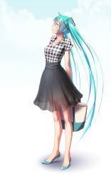 Rule 34 | 1girl, aqua hair, arms behind back, bag, blue eyes, check translation, collarbone, full body, gradient background, hatsune miku, high heels, highres, holding, holding bag, jewelry, long hair, looking up, necklace, no socks, plaid, plaid shirt, profile, see-through, shirt, short sleeves, skirt, solo, standing, toe cleavage, translation request, twintails, very long hair, vocaloid, wokada
