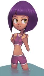 Rule 34 | 1girl, bare arms, bare shoulders, blunt bangs, breasts, capcom, conoghi, crop top, female focus, looking to the side, mega man: fully charged, mega man (series), midriff, navel, open mouth, purple hair, purple shirt, purple shorts, shirt, short hair, shorts, simple background, sleeveless, sleeveless shirt, small breasts, solo, standing, stomach, suna light, teeth, upper teeth only, wading, water, wet, white background, yellow eyes