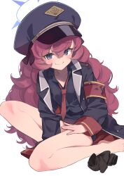 Rule 34 | 1girl, black eyes, black hat, black jacket, black shirt, blue archive, closed mouth, commentary request, halo, hat, highres, iroha (blue archive), jacket, long hair, long sleeves, looking at viewer, necktie, panties, red hair, red necktie, shirt, simple background, sitting, solo, thighs, underwear, white background, yoshida pino