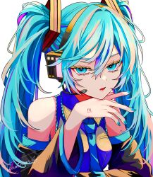 Rule 34 | 1girl, between breasts, black sleeves, blue eyes, blue hair, blue nails, blue necktie, border, breasts, collared shirt, colorful, detached sleeves, frilled shirt, frills, grey background, grey shirt, hair between eyes, hair intakes, hand up, hatsune miku, head rest, headset, highres, large breasts, long sleeves, looking at viewer, microphone, naguno-0713, nail polish, necktie, necktie between breasts, number tattoo, open mouth, outside border, shirt, sidelocks, signature, simple background, sleeveless, sleeveless shirt, solo, tattoo, tie clip, twintails, vocaloid, white border