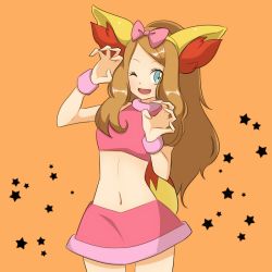 Rule 34 | 1girl, ;d, animal ears, blue eyes, boots, bow, brown hair, cosplay, creatures (company), crop top, fake animal ears, fake tail, fang, fennekin, fennekin (cosplay), game freak, gen 6 pokemon, hair bow, long hair, looking at viewer, midriff, mikeko (neko19920311), monochrome background, navel, nintendo, one eye closed, open mouth, orange background, pink bow, pink skirt, pokemon, pokemon (anime), pokemon ears, pokemon tail, pokemon xy (anime), serena (pokemon), simple background, skirt, sleeveless, smile, solo, star (symbol), starry background, tail
