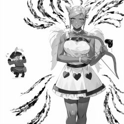 Rule 34 | 2girls, anger vein, animal ears, arrow (projectile), bow (weapon), bracelet, breasts, cat ears, choker, commentary, dark-skinned female, dark skin, english commentary, feathered wings, final fantasy, final fantasy xiv, greyscale, hat, jamjamstyle, jewelry, large breasts, looking at viewer, monochrome, multiple girls, short hair, squatting, tataru taru, weapon, wings, y&#039;mhitra rhul