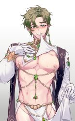 Rule 34 | 1boy, blush, earrings, gem, gloves, green eyes, green hair, hand on own chest, heart, heart-shaped pupils, hickey, highres, holding, holding clothes, jewelry, long sleeves, looking at viewer, male focus, navel piercing, nipple piercing, nu carnival, olivine (nu carnival), pectorals, pelvic curtain, piercing, short hair, smile, standing, sweatdrop, symbol-shaped pupils, white gloves, yoture23