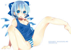 Rule 34 | 1girl, artistic error, bad id, bad pixiv id, bandaid, bandaids on nipples, bare legs, barefoot, blue eyes, blue hair, blue panties, bow, breasts, cameltoe, cirno, dancho (dancyo), food, hair bow, highres, matching hair/eyes, mouth hold, nipple slip, nipples, no bra, no pants, off shoulder, panties, pasties, popsicle, short hair, sitting, skull.03, small breasts, solo, spread legs, striped clothes, striped panties, tank top, touhou, underwear, wings