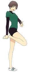 Rule 34 | 00s, 1girl, bob cut, brown eyes, brown hair, full body, gake no ue no ponyo, jas (littlecrime), legs, lisa (ponyo), looking at viewer, md5 mismatch, no socks, open mouth, resolution mismatch, shoes, short hair, simple background, smile, sneakers, solo, source smaller, standing, standing on one leg, studio ghibli, v, white background