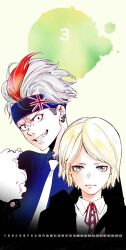 2boys amano_akira black_eyes black_jacket blonde_hair blue_eyes blue_headband blue_shirt closed_mouth ear_piercing fin_fennec headband jacket kamonohashi_ron_no_kindan_suiri long_hair looking_at_viewer multicolored_hair multiple_boys necktie official_art open_mouth piercing red_hair red_ribbon ribbon serious shachi_(kamonohashi_ron_no_kindan_suiri) shirt simple_background smile two-tone_hair union_jack white_hair white_necktie white_shirt yellow_background