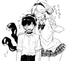 Rule 34 | 1boy, 1girl, ahoge, blush, bow, choker, creature, extra eyes, closed eyes, fingernails, grey background, greyscale, hair between eyes, hand on another&#039;s shoulder, hatching (texture), lower teeth only, monochrome, open mouth, original, sasami (ki), shirt tucked in, simple background, skirt, sleeves past wrists, sleeves rolled up, slit pupils, smile, sweat, nervous sweating, teeth, w