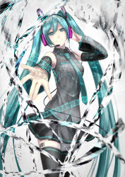 Rule 34 | 1girl, absurdres, bad id, bad pixiv id, barcode, barcode tattoo, binary, detached sleeves, hatsune miku, headphones, headset, highres, long hair, musical note, necktie, outstretched arm, skirt, solo, tattoo, thighhighs, twintails, vocaloid, yoco