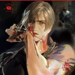 Rule 34 | 1boy, blonde hair, blood, blood on face, blue eyes, curtained hair, frown, hand to own mouth, highres, holding, holding knife, holding weapon, holster, kiyosyl, knife, leon s. kennedy, looking to the side, male focus, parted lips, resident evil, resident evil 4, resident evil 4 (remake), shirt, short hair, shoulder holster, signature, solo, t-shirt, tight clothes, tight shirt, upper body, watermark, weapon, wiping blood, wiping face