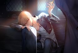 Rule 34 | 2boys, absurdres, arm behind back, bad id, bad pixiv id, black jacket, black pants, blonde hair, closed mouth, collarbone, cross, cross necklace, dress shirt, fate/stay night, fate (series), gilgamesh (fate), grey shirt, hair between eyes, highres, indoors, jacket, jewelry, kotomine kirei, leaning forward, light particles, long sleeves, male focus, multiple boys, necklace, official alternate costume, open clothes, open jacket, pants, red eyes, rijjin, shirt, short hair