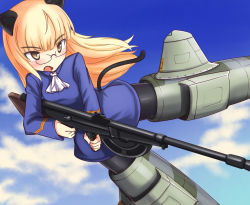 Rule 34 | 1girl, a9b (louis814), animal ears, ascot, blonde hair, blush, cat ears, cat tail, flying, glasses, gun, open mouth, pantyhose, perrine h. clostermann, rifle, solo, strike witches, striker unit, tail, weapon, world witches series, yellow eyes