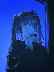 Rule 34 | 1girl, blue theme, choker, closed mouth, collarbone, cup, earrings, highres, holding, holding cup, jacket, jewelry, john kafka, long hair, long sleeves, looking at viewer, original, solo, twintails, upper body, window