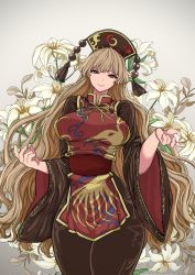 Rule 34 | 1girl, black dress, black hat, blonde hair, blush, breasts, bud, chinese clothes, closed mouth, crescent print, dress, flower, fox print, ghostship55, gold trim, gradient background, hat, highres, holding, holding flower, junko (touhou), large breasts, leaf, light smile, lily (flower), long hair, long sleeves, looking at viewer, mature female, necktie, phoenix crown, pom pom (clothes), red eyes, ribbon, sash, sidelocks, solo, standing, tabard, tassel, thighs, touhou, very long hair, white flower, wide hips, wide sleeves, yellow necktie, yellow ribbon