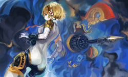 Rule 34 | aegis (persona), android, atlus, blonde hair, blue eyes, conjaku, from behind, looking back, palladion, persona, persona 3, profile, short hair, weapon