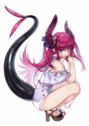 Rule 34 | asymmetrical horns, curled horns, dragon girl, dragon horns, dragon tail, elizabeth bathory (fate), elizabeth bathory (fate/extra ccc), fate/extra, fate/extra ccc, fate/grand order, fate (series), high heels, highres, horns, long hair, looking at viewer, nail polish, one-piece swimsuit, pink hair, pointy ears, solo, squatting, swimsuit, tail, uneven horns, utayoi (umakatare), white one-piece swimsuit