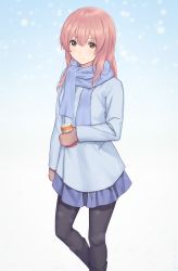 Rule 34 | 1girl, arm at side, black footwear, black pantyhose, blue background, blue coat, blue scarf, blue skirt, boots, brown eyes, can, closed mouth, coat, gloves, gradient background, grey background, hair between eyes, highres, holding, holding can, koe no katachi, long hair, long sleeves, looking at viewer, miura-n315, nishimiya shouko, pantyhose, pink hair, pleated skirt, scarf, skirt, smile, snowing, solo, winter gloves