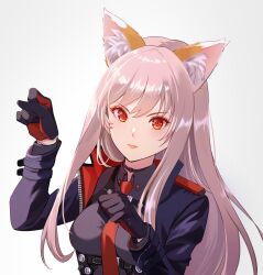Rule 34 | 1girl, animal ears, animal pose, arms up, black gloves, black jacket, black shirt, chest harness, choker, clenched hands, closed mouth, collared shirt, erihoshikoshi, fake animal ears, fox ears, gloves, goddess of victory: nikke, harness, highres, jacket, light blush, light brown hair, lips, long hair, necktie, orange gloves, paw pose, rapi (nikke), red eyes, red necktie, shirt, simple background, solo, two-tone gloves, upper body, white background, zipper
