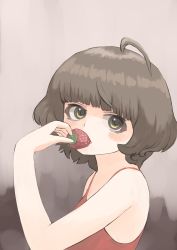 Rule 34 | 1girl, ahoge, alternate costume, blunt bangs, brown eyes, brown hair, commentary request, food, food in mouth, fruit, highres, kantai collection, kishinami (kancolle), looking at viewer, red top, short hair, solo, strawberry, tank top, toplow, upper body, wavy hair