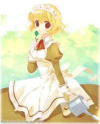 Rule 34 | 1girl, apron, blonde hair, blush, bow, candy, clover, dress, eating, food, frills, gloves, headband, holding, juliet sleeves, kerchief, lollipop, long sleeves, looking at viewer, looking back, maid, maid apron, maid headdress, original, puffy long sleeves, puffy sleeves, red eyes, red ribbon, ribbon, simple background, solo, sweets, takeda mika, watering can, yellow dress