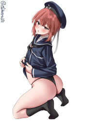 Rule 34 | 1girl, ass, black panties, black socks, blush, breasts, character name, clothes lift, ebifurya, hat, hat ribbon, highres, kantai collection, kneeling, lifting own clothes, long sleeves, looking at viewer, medium hair, no pants, no shoes, one-hour drawing challenge, panties, parted lips, red eyes, red hair, ribbon, sailor collar, shirt, shirt lift, sidelocks, simple background, small breasts, socks, solo, thighs, twisted torso, twitter username, underwear, white background, white ribbon, z3 max schultz (kancolle)