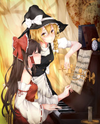 Rule 34 | 2girls, alarm clock, apron, bare shoulders, black dress, blonde hair, blush, bow, braid, brown hair, buttons, candle, candlestand, clock, closed eyes, curtains, detached sleeves, dress, fine art parody, flat sign, hair between eyes, hair bow, hair ribbon, hair tubes, hakurei reimu, hat, hat bow, highres, instrument, kirisame marisa, long hair, looking at another, multiple girls, music, nontraditional miko, parody, piano, playing instrument, profile, puffy sleeves, ribbon, ribbon-trimmed sleeves, ribbon trim, rokukatamari, sheet music, side braid, sidelocks, single braid, sleeveless, smile, touhou, treble clef, upright piano, waist apron, witch hat