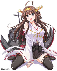 Rule 34 | 10s, 1girl, :d, ahoge, bare shoulders, blush, boots, brown hair, detached sleeves, double bun, frilled skirt, frills, hair ornament, hairband, headgear, japanese clothes, kantai collection, kongou (kancolle), long hair, nontraditional miko, open mouth, personification, pleated skirt, ribbon-trimmed sleeves, ribbon trim, skirt, smile, solo, thigh boots, thighhighs, tomokichi, zettai ryouiki