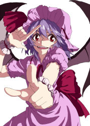 Rule 34 | 1girl, :d, bad id, bad pixiv id, bat wings, double finger gun, dress, fangs, finger gun, hat, looking at viewer, mob cap, open mouth, pointing, pointing at viewer, purple hair, red eyes, remilia scarlet, sash, sharp teeth, shiratama (hockey), short hair, slit pupils, smile, solo, teeth, touhou, wings, wrist cuffs