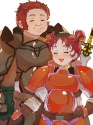 Rule 34 | 1boy, 1girl, armor, brom (fire emblem), brown hair, closed eyes, double bun, father and daughter, fire emblem, fire emblem: radiant dawn, hair bun, highres, image sample, mariirasuto7, meg (fire emblem), nintendo, open mouth, parted bangs, smile, twitter sample