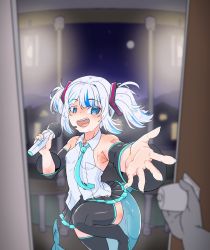 Rule 34 | 1girl, blue eyes, blue hair, blush, cosplay, detached sleeves, door, doorway, fins, fish tail, gawr gura, hatsune miku, hatsune miku (cosplay), highres, hololive, hololive english, medium hair, microphone, moral cacoethes, multicolored hair, necktie, pov doorway, shark tail, skirt, streaked hair, tail, twintails, virtual youtuber, vocaloid, white hair