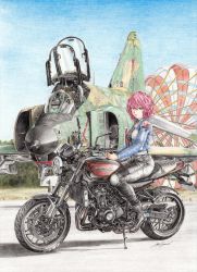 Rule 34 | 1girl, 1other, aircraft, airplane, alternate costume, ambiguous gender, black footwear, black pants, black shirt, blue sky, boots, breasts, colored pencil (medium), commentary request, contemporary, curly hair, day, expressionless, f-4 phantom ii, fighter jet, hair between eyes, hand rest, highres, jacket, japan air self-defense force, japan self-defense force, jet, kawasaki, kawasaki z900rs, looking at viewer, medium breasts, military, military vehicle, motor vehicle, motorcycle, no headwear, open cockpit, outdoors, own hands together, pants, parachute, pilot, pilot helmet, pink eyes, pink hair, product placement, red pond, saigyouji yuyuko, shirt, short hair, sky, touhou, traditional media, vehicle focus