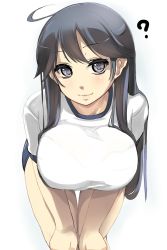 Rule 34 | 10s, 1girl, ?, ahoge, black hair, blue eyes, breasts, buruma, gym uniform, hanging breasts, highres, huge breasts, kantai collection, leaning forward, long hair, shiki (psychedelic g2), simple background, smile, solo, thigh gap, ushio (kancolle), white background